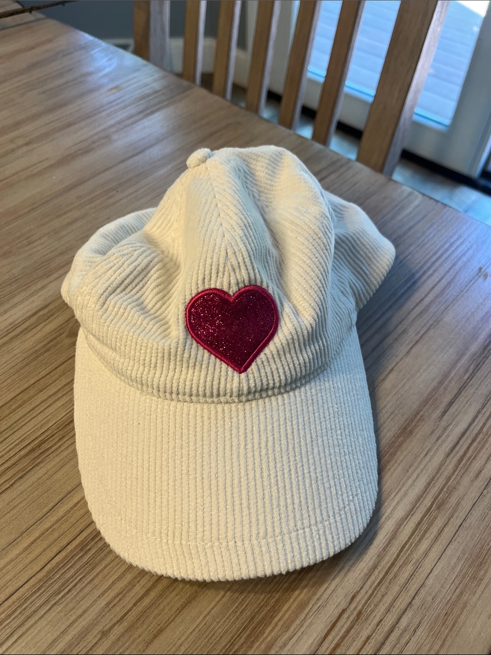 Jacadi Cream Corduroy Cap with Glitter Magenta Heart